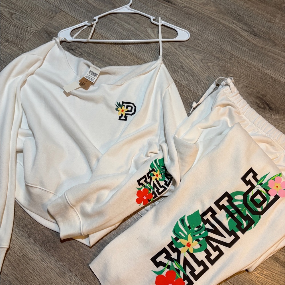 Victoria's Secret Pink White floral sweatsuit set.